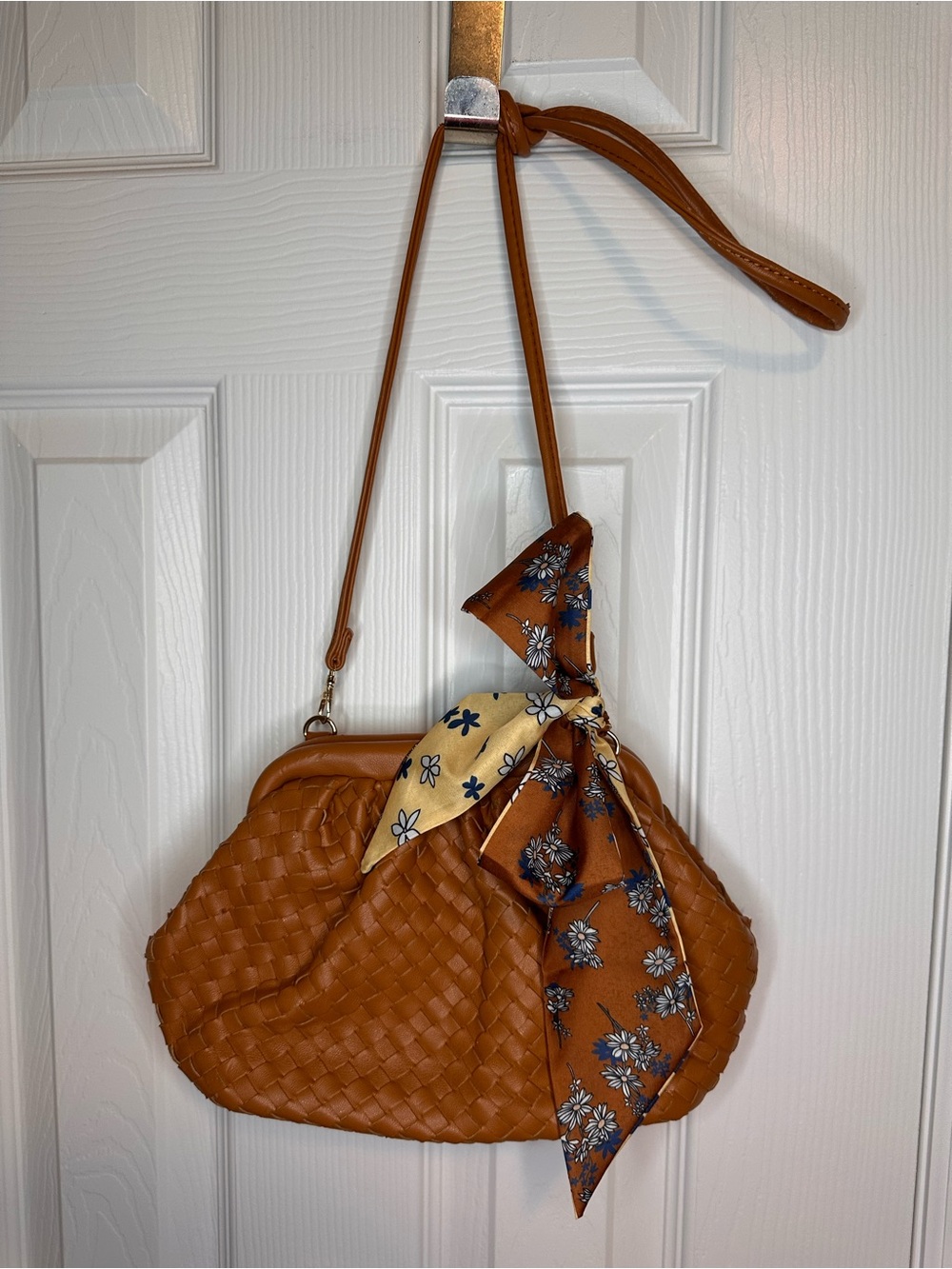 Urban Expressions Cognac Woven Shoulder Bag with Floral Scarf